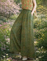 Side view of women’s green wide leg palazzo pants boho style