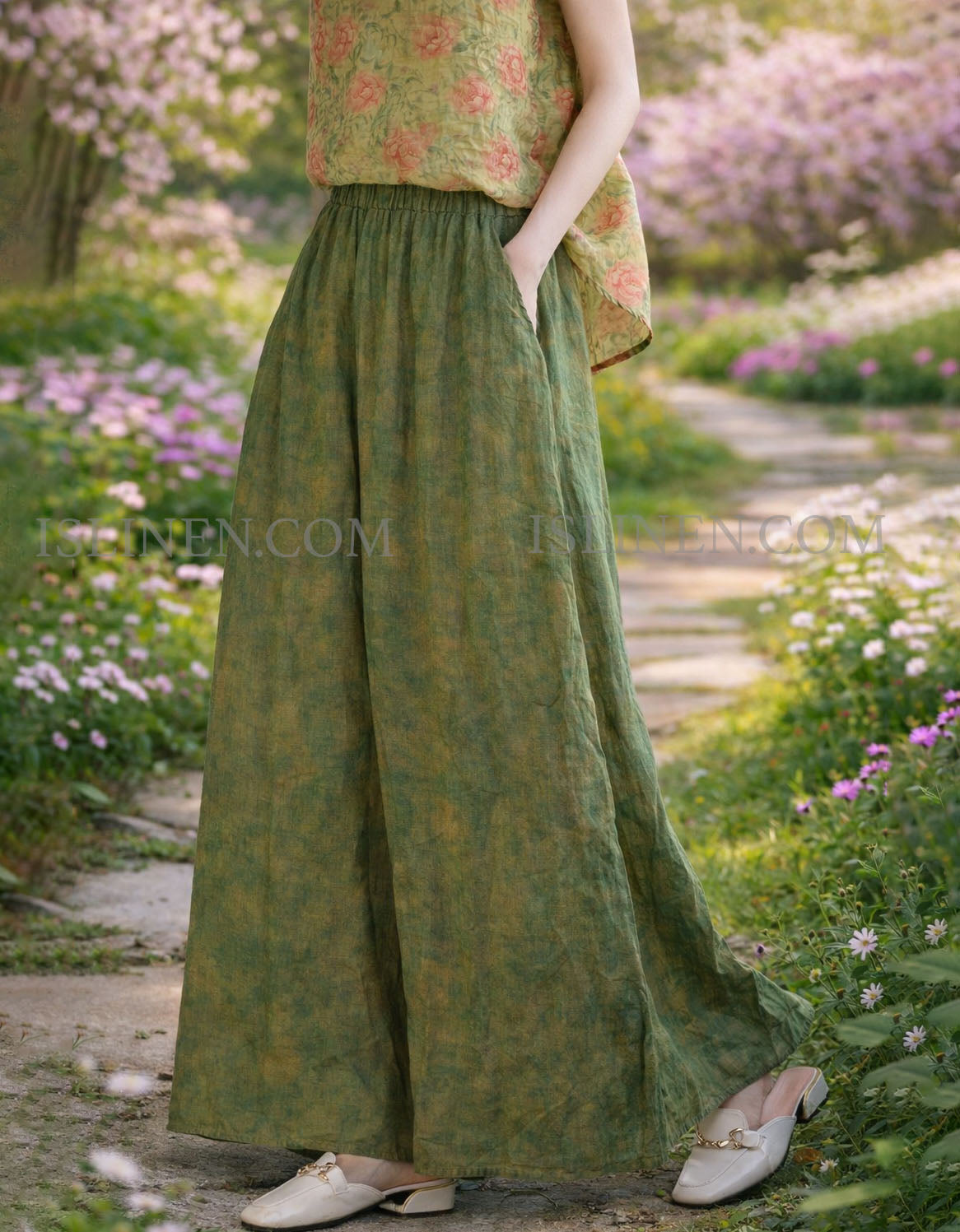Side view of women’s vintage style wide leg trousers outdoor styling