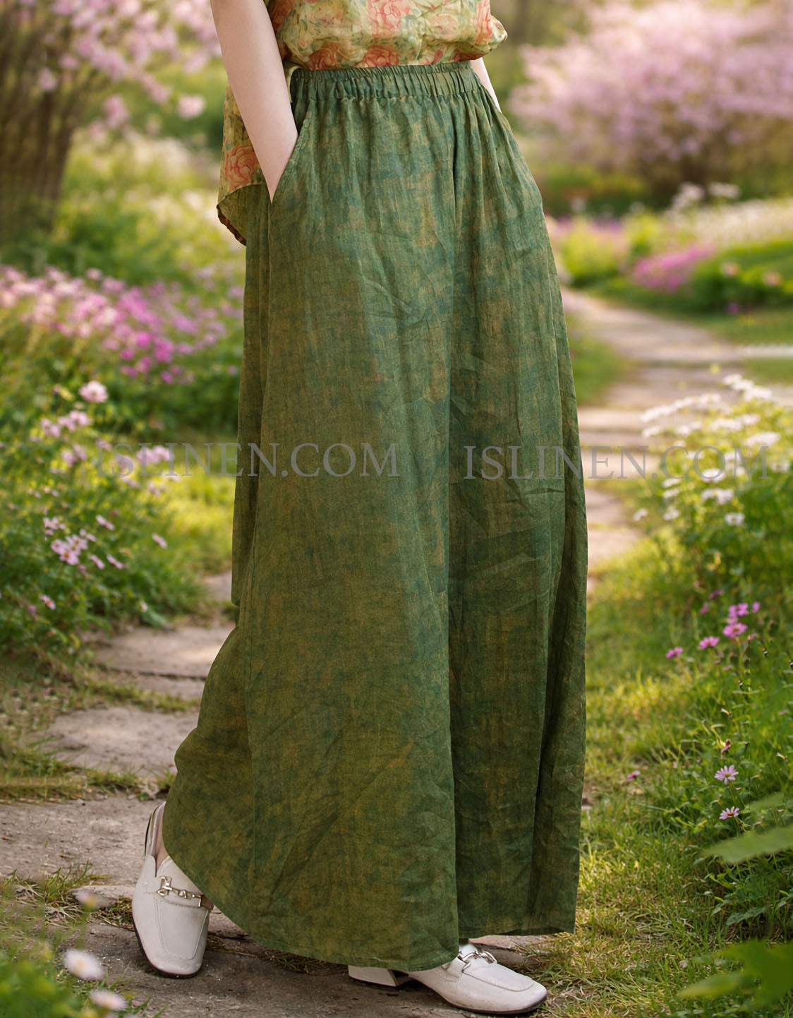 Side view of lightweight green palazzo pants women summer wear