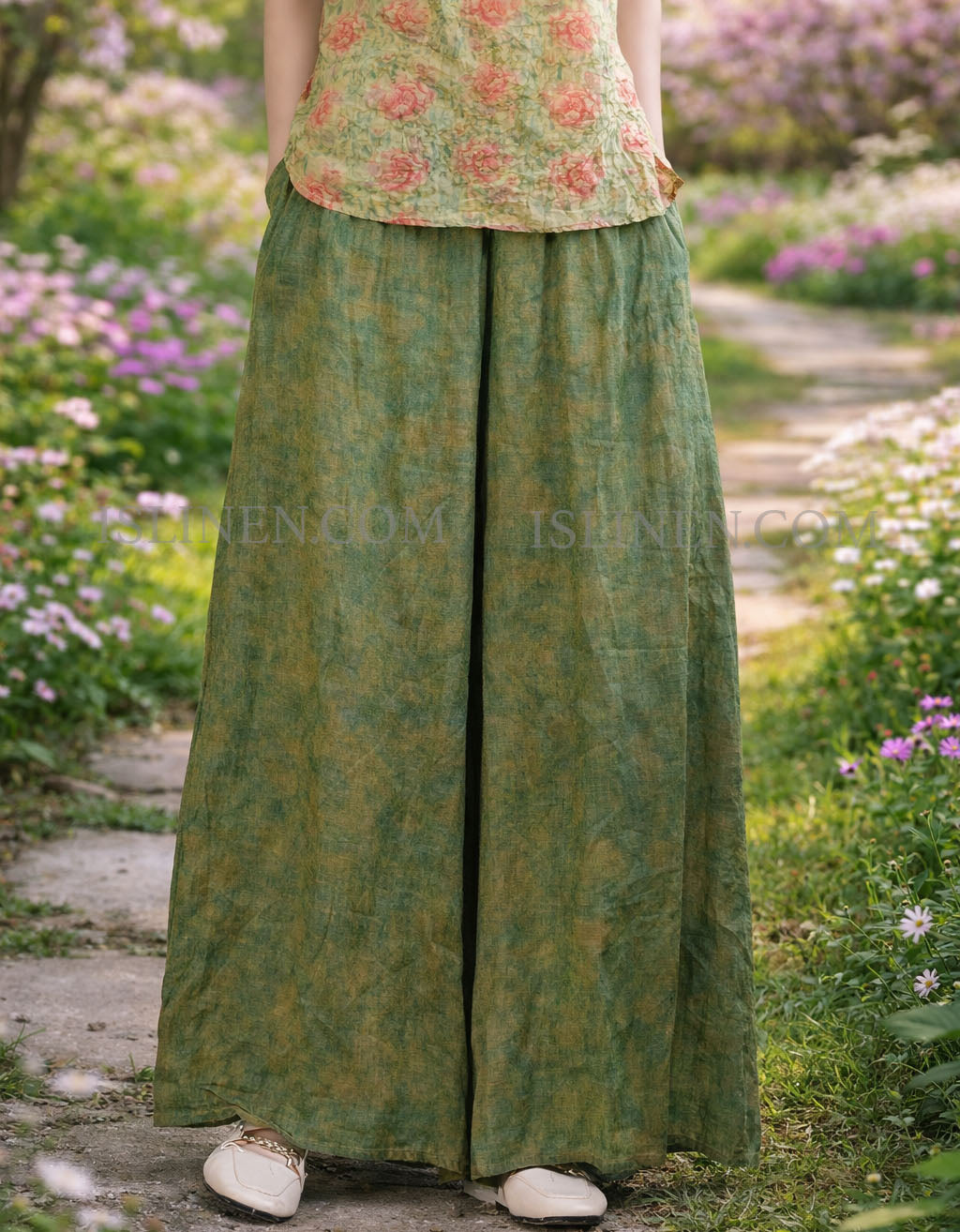 women’s green wide leg palazzo pants boho style