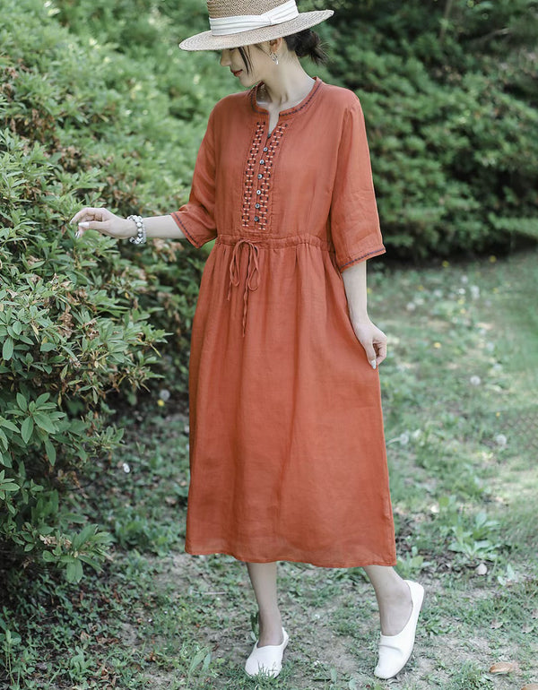 Vintage Half Sleeve Buttoned Cotton Linen Midi Dress