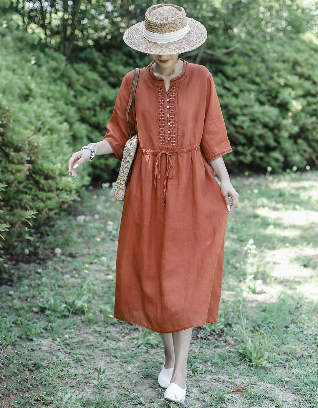 Vintage Half Sleeve Buttoned Cotton Linen Midi Dress