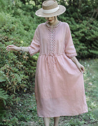 Vintage Half Sleeve Buttoned Cotton Linen Midi Dress