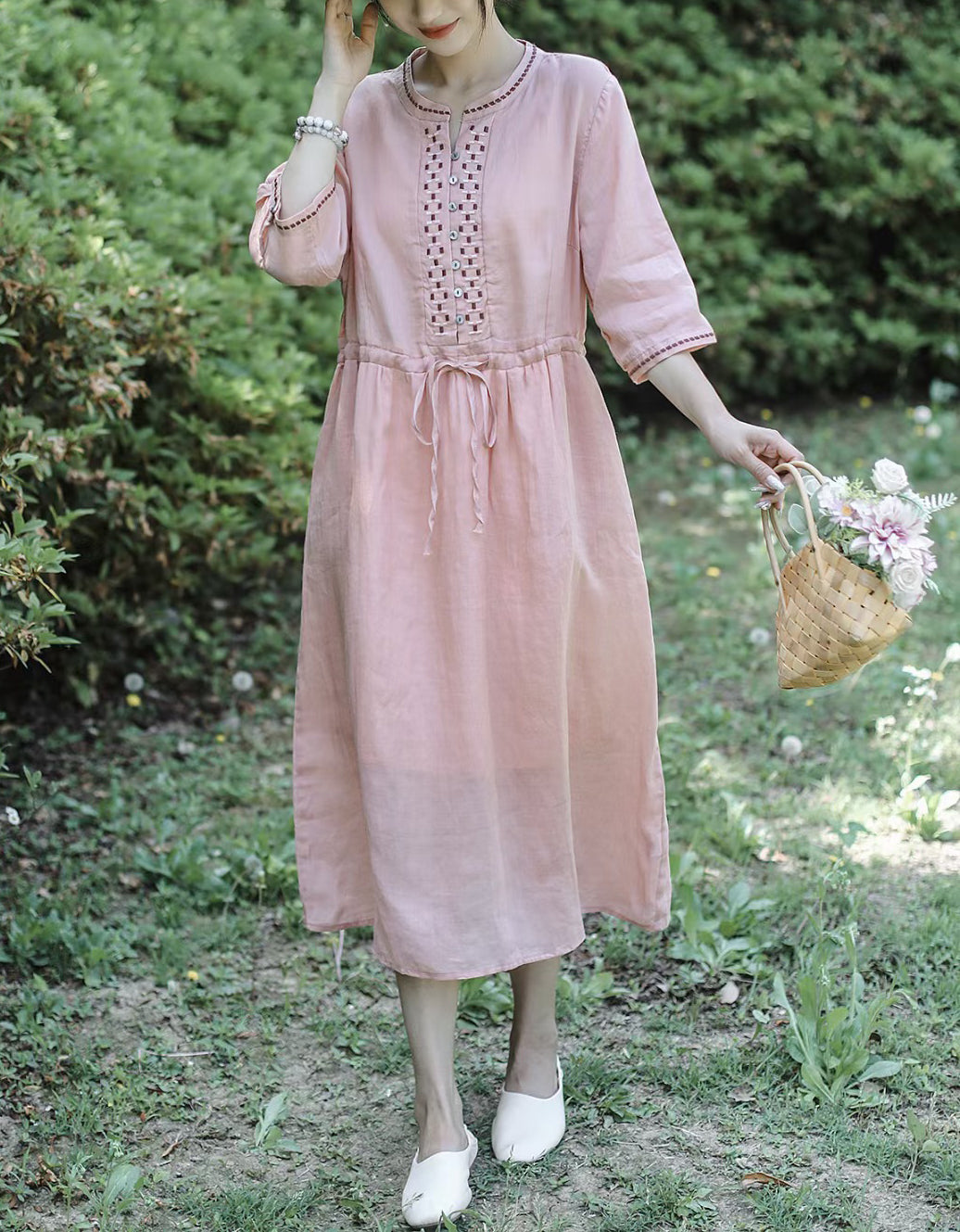 Vintage Half Sleeve Buttoned Cotton Linen Midi Dress