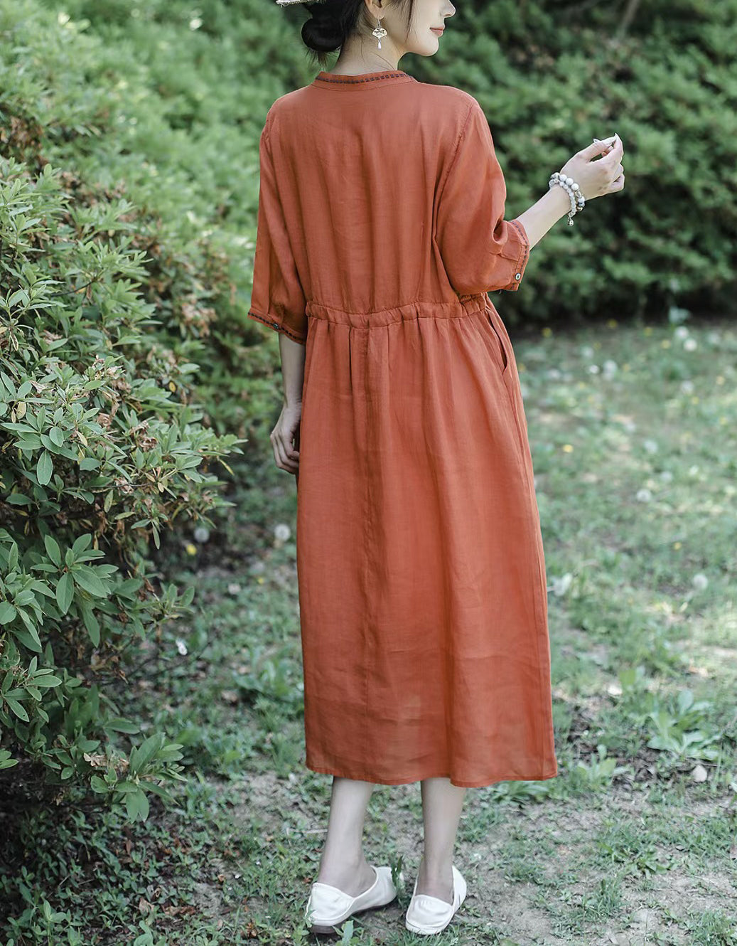Vintage Half Sleeve Buttoned Cotton Linen Midi Dress