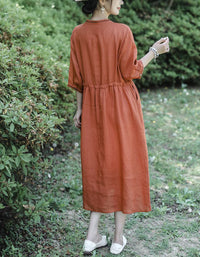Vintage Half Sleeve Buttoned Cotton Linen Midi Dress