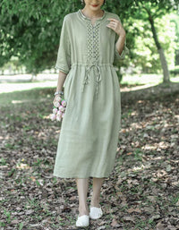 Vintage Half Sleeve Buttoned Cotton Linen Midi Dress