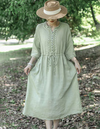 Vintage Half Sleeve Buttoned Cotton Linen Midi Dress