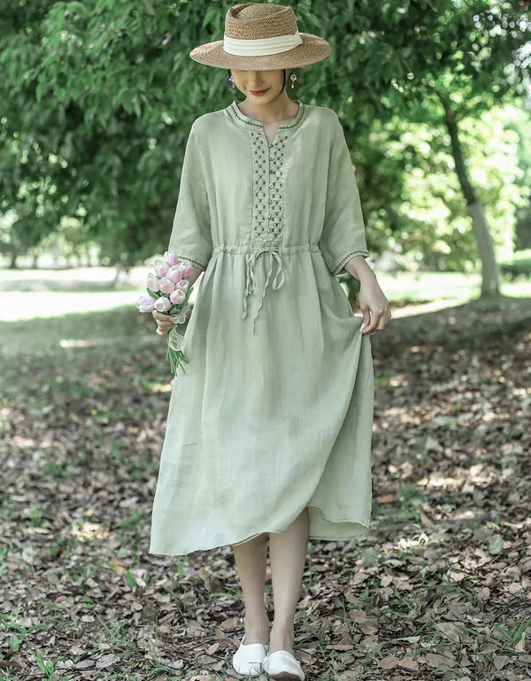 Vintage Half Sleeve Buttoned Cotton Linen Midi Dress - Islinen