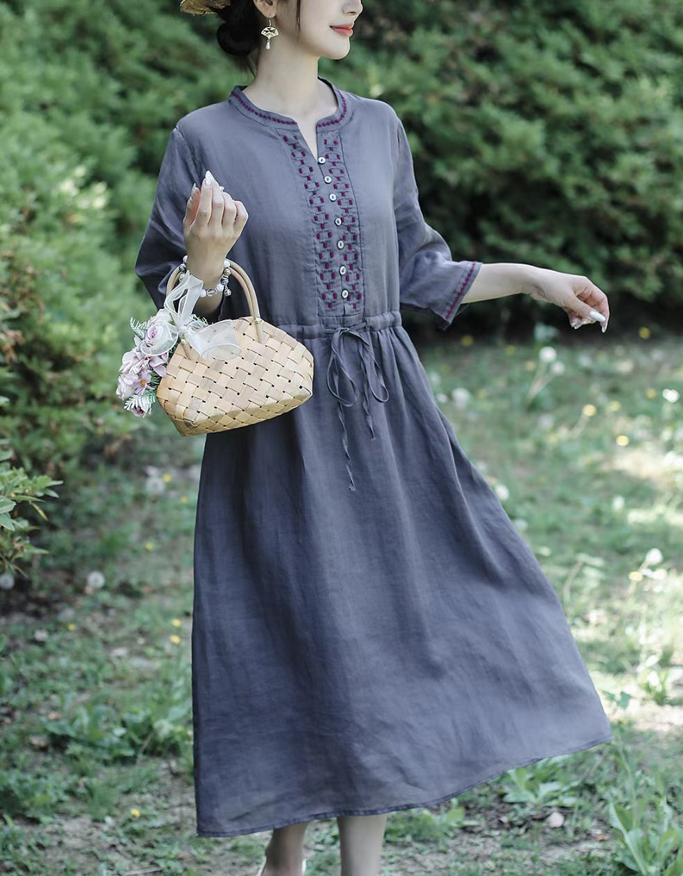 Vintage Half Sleeve Buttoned Cotton Linen Midi Dress