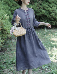 Vintage Half Sleeve Buttoned Cotton Linen Midi Dress