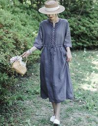 Vintage Half Sleeve Buttoned Cotton Linen Midi Dress
