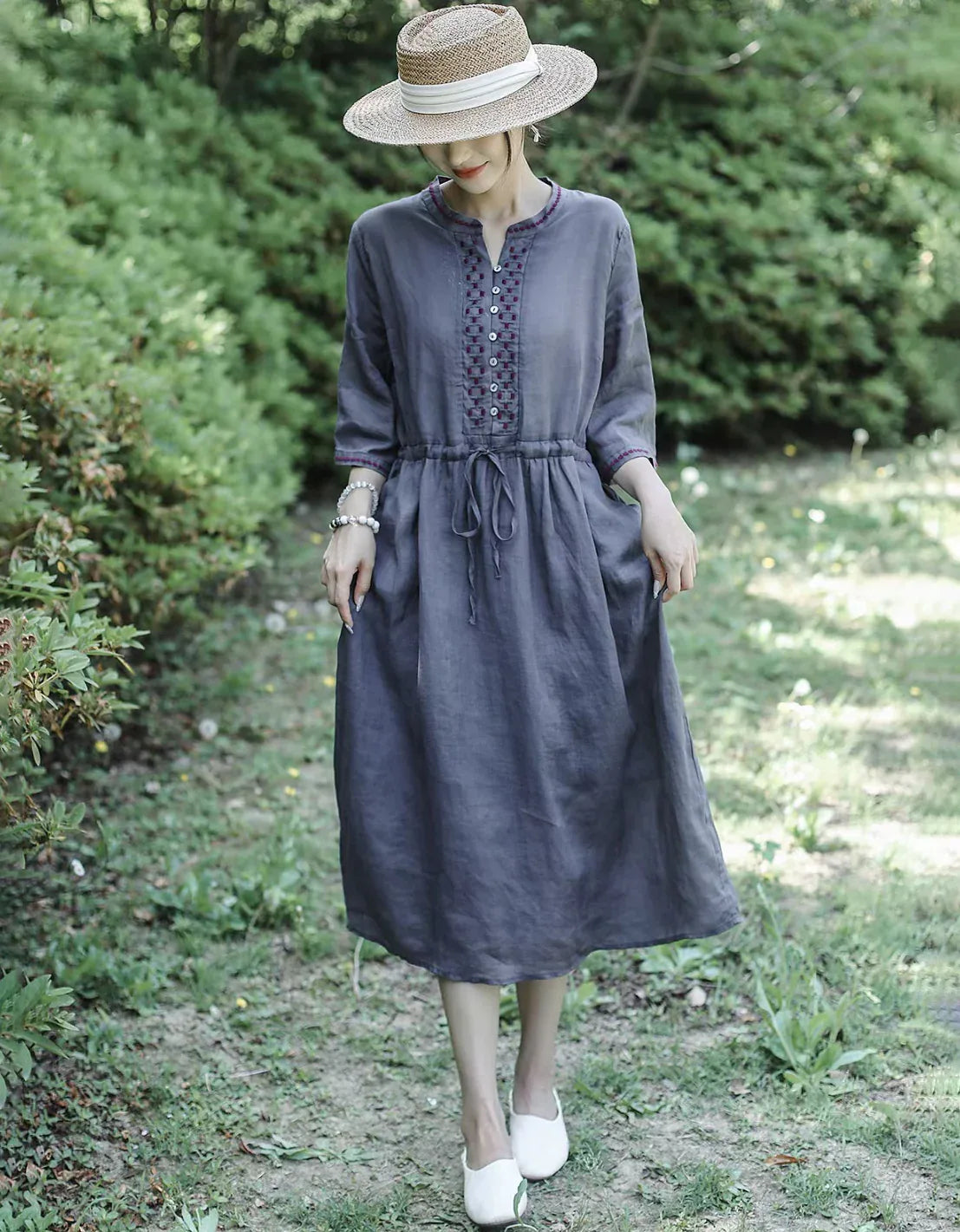 Vintage Half Sleeve Buttoned Cotton Linen Midi Dress – Islinen