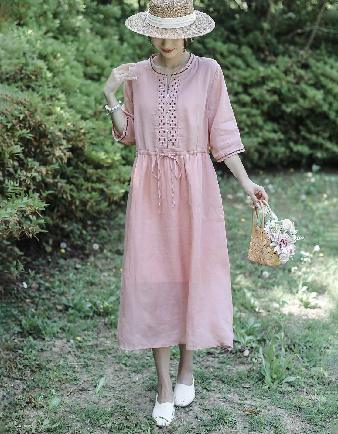 Vintage Half Sleeve Buttoned Cotton Linen Midi Dress