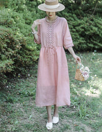 Vintage Half Sleeve Buttoned Cotton Linen Midi Dress