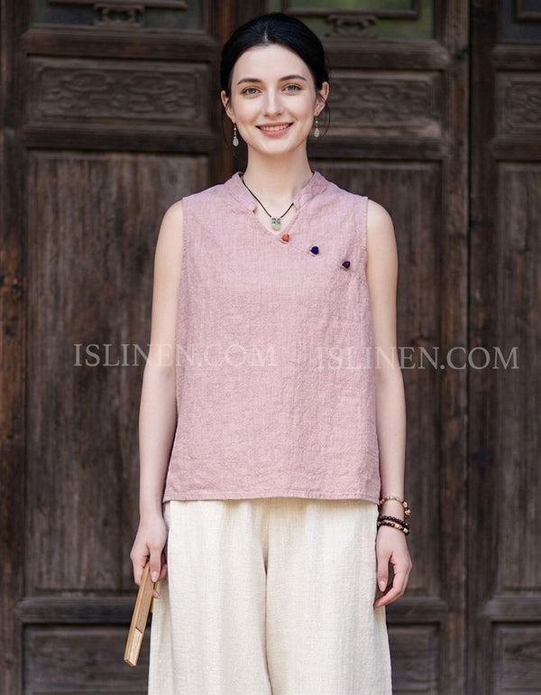 Women's vintage Mandarin collar sleeveless linen tank top in blush pink