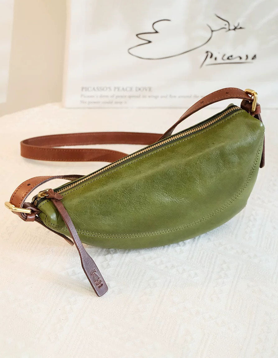 Soft Genuine Leather Crossbody Bag for Women – Olive Green Retro Saddle Purse