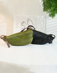 Women’s Vintage Leather Crescent Bag – Olive Green Black Casual Crossbody Shoulder Handbag