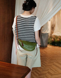Retro Olive Leather Crossbody Bag for Women – Minimalist Half Moon Shoulder Purse