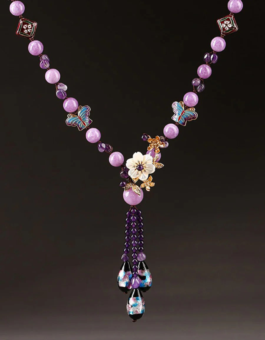 Vintage Handmade Purple Floral Butterfly Beaded Necklace