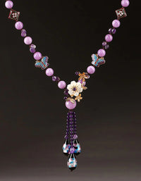 Vintage Handmade Purple Floral Butterfly Beaded Necklace