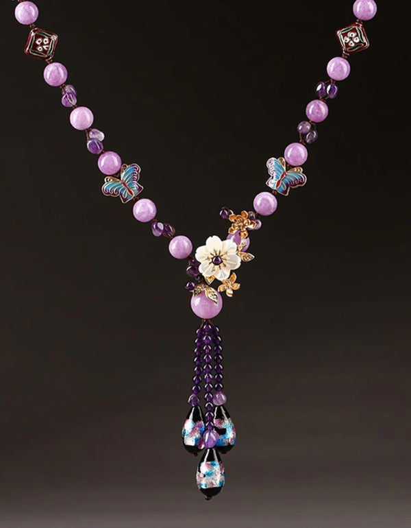 Vintage Handmade Purple Floral Butterfly Beaded Necklace