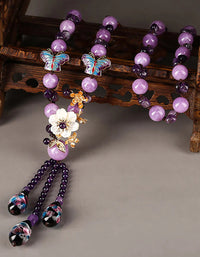 Vintage Handmade Purple Floral Butterfly Beaded Necklace