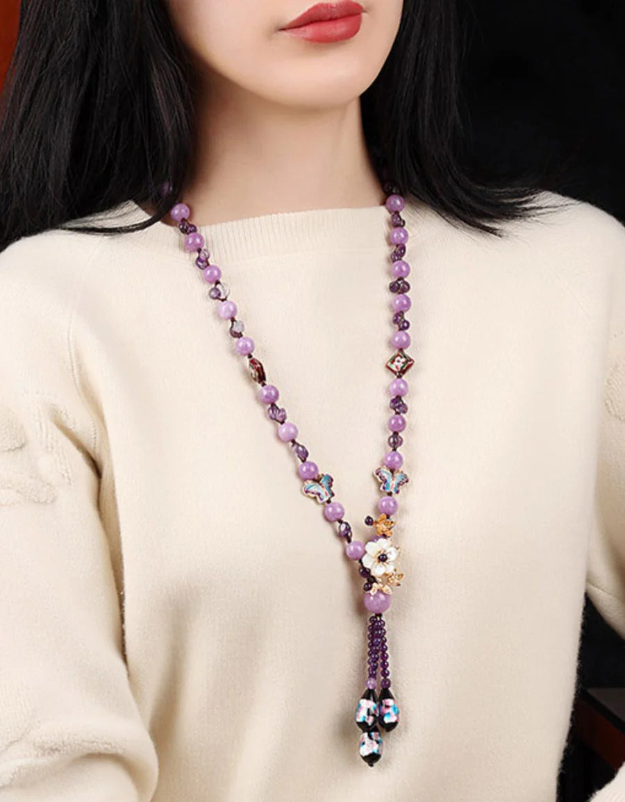 Vintage Handmade Purple Floral Butterfly Beaded Necklace