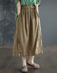 Vintage High-Waist Buttoned Pure Linen Midi Skirt