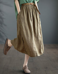 Vintage High-Waist Buttoned Pure Linen Midi Skirt