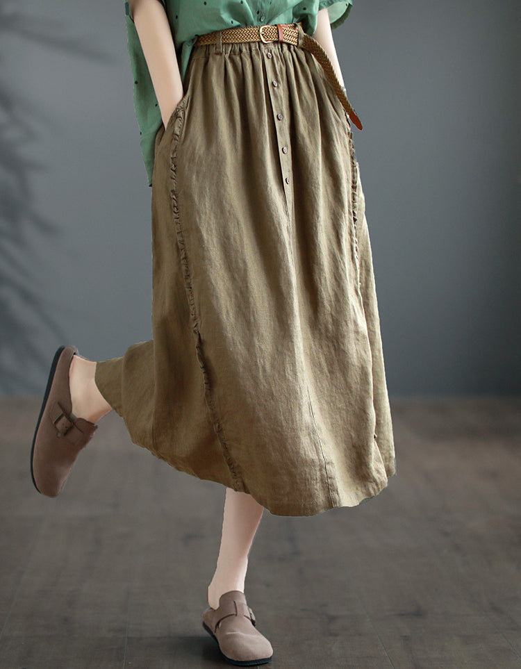 Vintage High-Waist Buttoned Pure Linen Midi Skirt