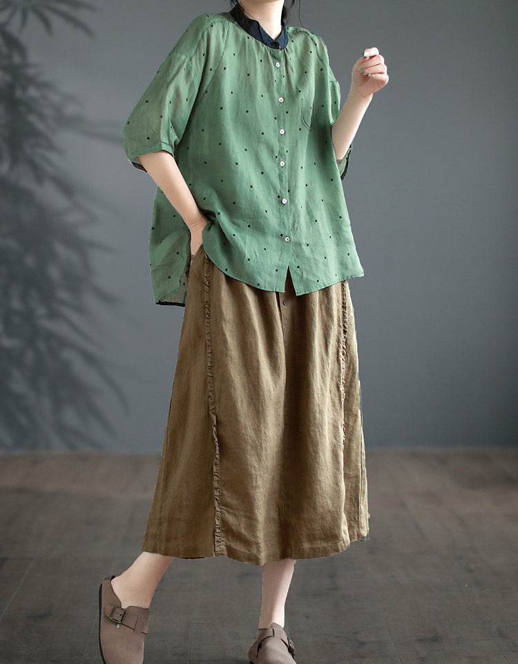 Vintage High-Waist Buttoned Pure Linen Midi Skirt