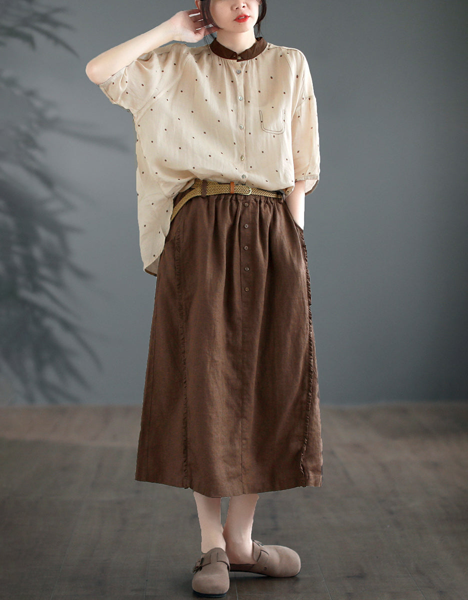 Vintage High-Waist Buttoned Pure Linen Midi Skirt