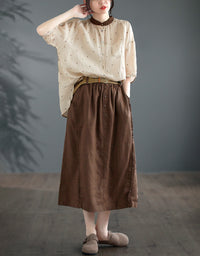 Vintage High-Waist Buttoned Pure Linen Midi Skirt