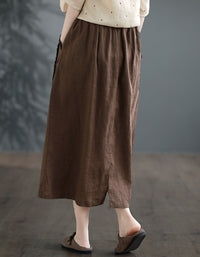 Vintage High-Waist Buttoned Pure Linen Midi Skirt