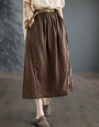 Vintage High-Waist Buttoned Pure Linen Midi Skirt