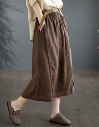 Vintage High-Waist Buttoned Pure Linen Midi Skirt