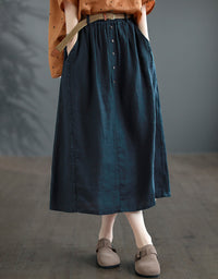 Vintage High-Waist Buttoned Pure Linen Midi Skirt