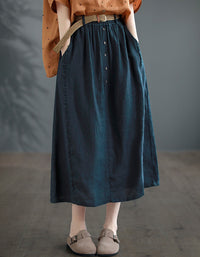 Vintage High-Waist Buttoned Pure Linen Midi Skirt