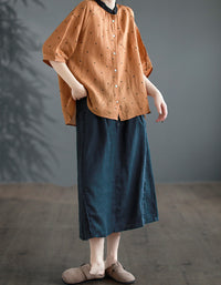 Vintage High-Waist Buttoned Pure Linen Midi Skirt