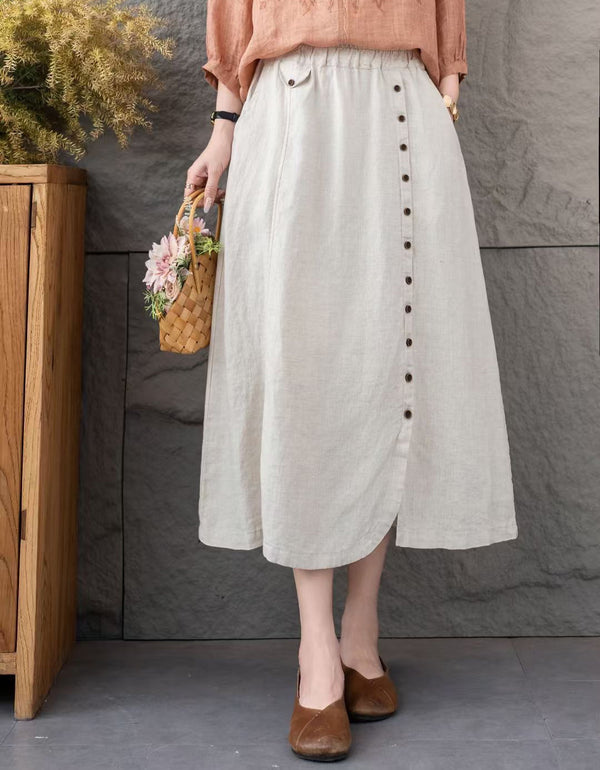 Vintage High-Waisted Button Accents Linen Skirt