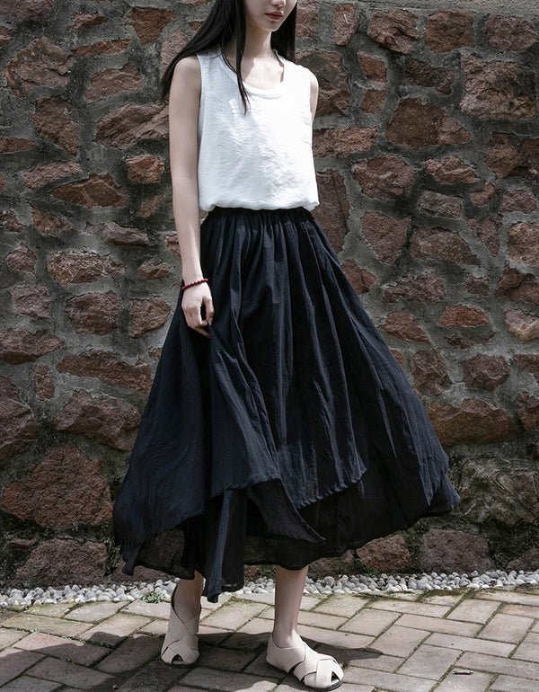 High Waist A-Line Layers Ramie Linen Maxi Skirt