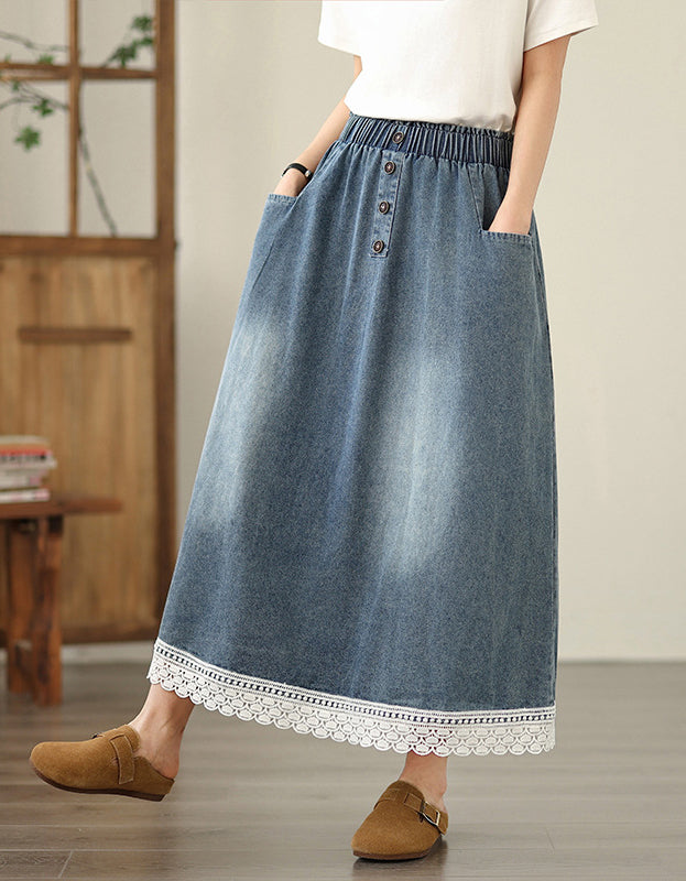 Vintage High Waist Lace Hem Denim Skirt