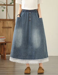 Vintage High Waist Lace Hem Denim Skirt