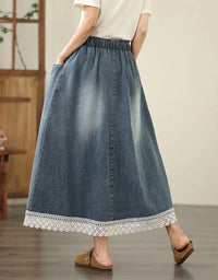 Vintage High Waist Lace Hem Denim Skirt