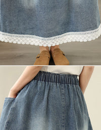Vintage High Waist Lace Hem Denim Skirt