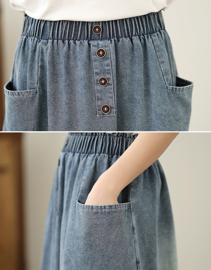 Vintage High Waist Lace Hem Denim Skirt