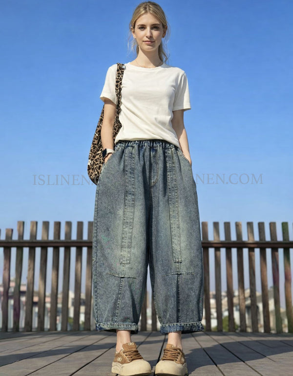 Full view of women’s loose fit baggy denim jogger pants showing wide leg and relaxed silhouette