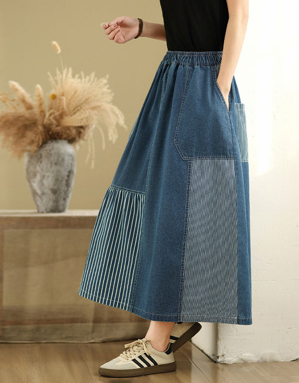 Vintage High Waist Striped Patchwork Denim Skirt