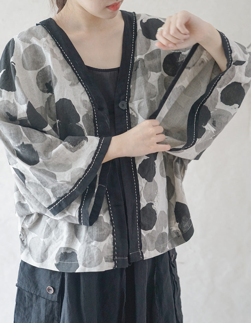 Vintage Ink Print Hanfu Kimono Shirt